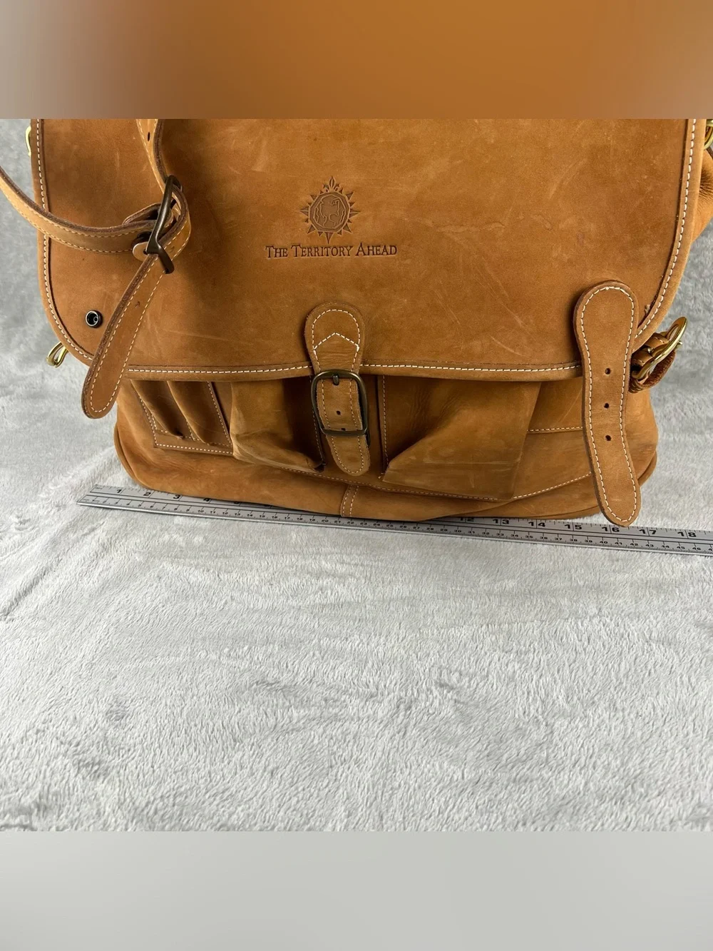 TERRITORY AHEAD Messenger Bag Tan Brown Heavy Saddle Leather Briefcase USA Made